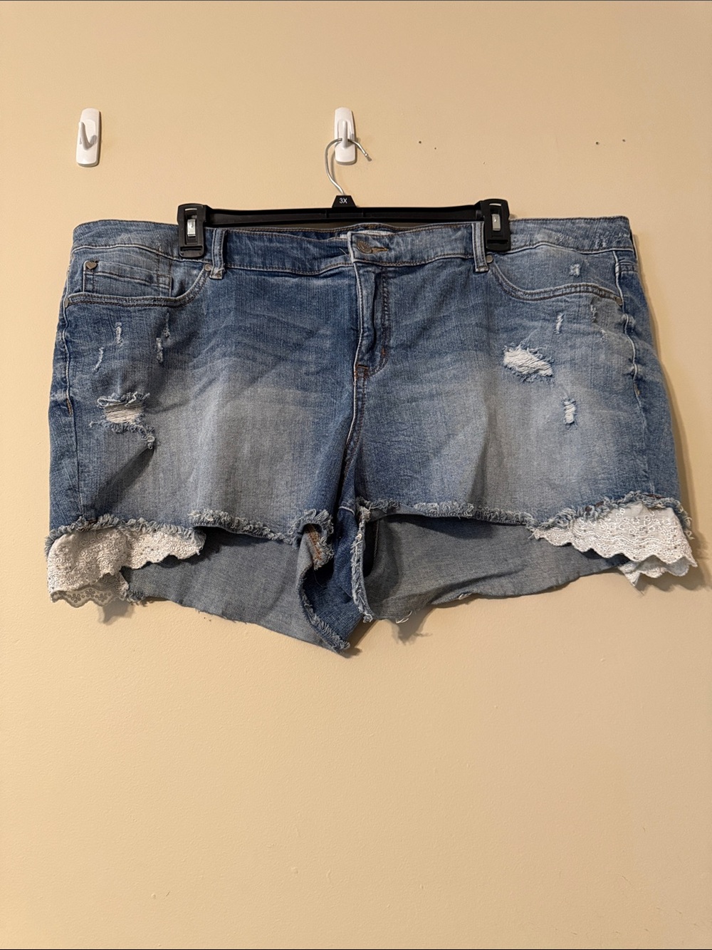 torrid Washed Blue Distressed Denim Shorts with Lace Hem